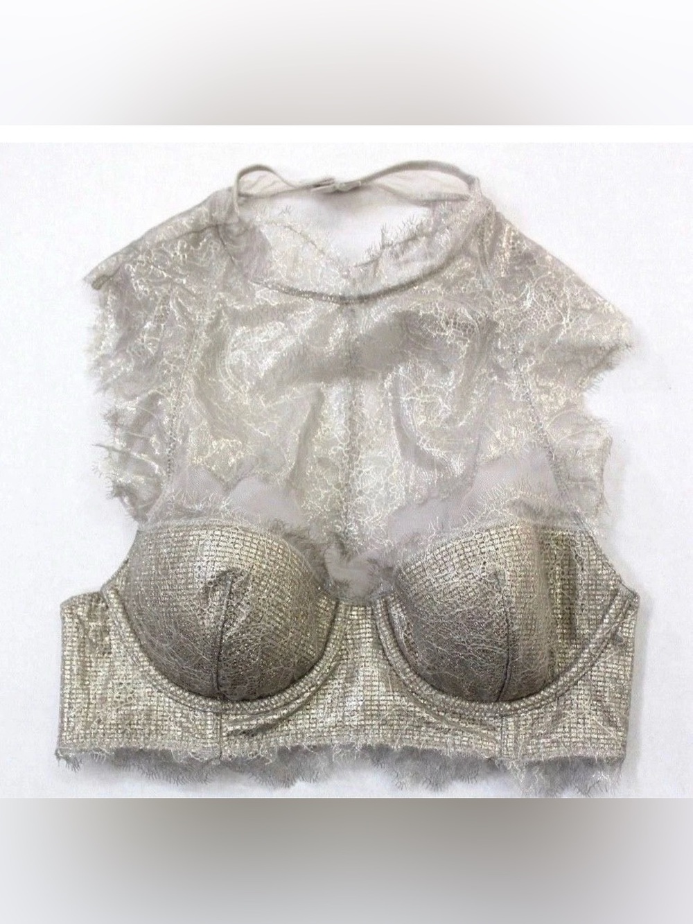 VS Metallic Silver Lace High-Neck Bralette SIZE 38DDD NWT GORGEOUS